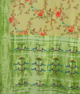 Greenish Grey Printed Kanjivaram Silk Saree With Paithani Border T4536384