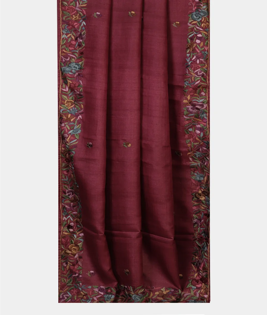 Burgundy Tussar Embroidery saree T3824272