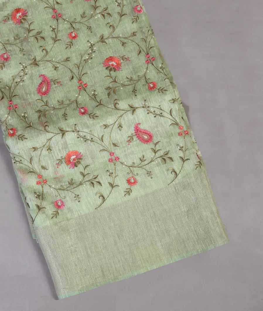 Green Linen Embroidery Saree T451690-image