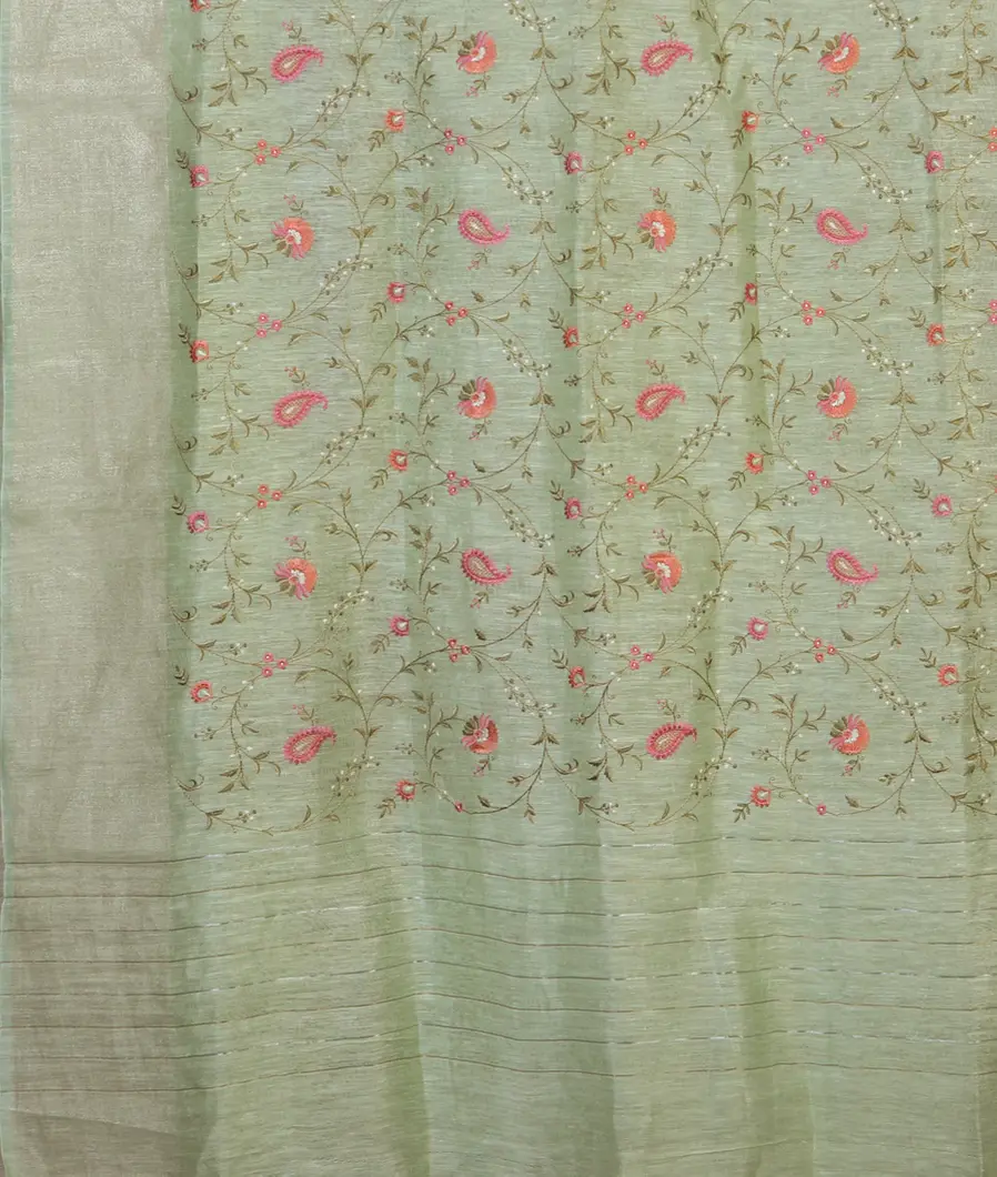 Green Linen Embroidery Saree T4516904