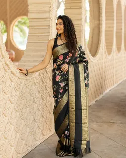 Black Hand Printed Kanjivaram Silk Saree T4206304