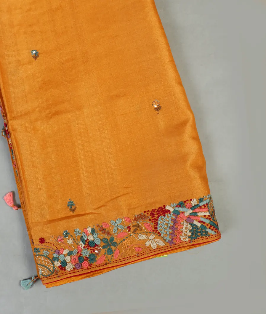 Yellow Tussar Embroidery Saree T458237-image