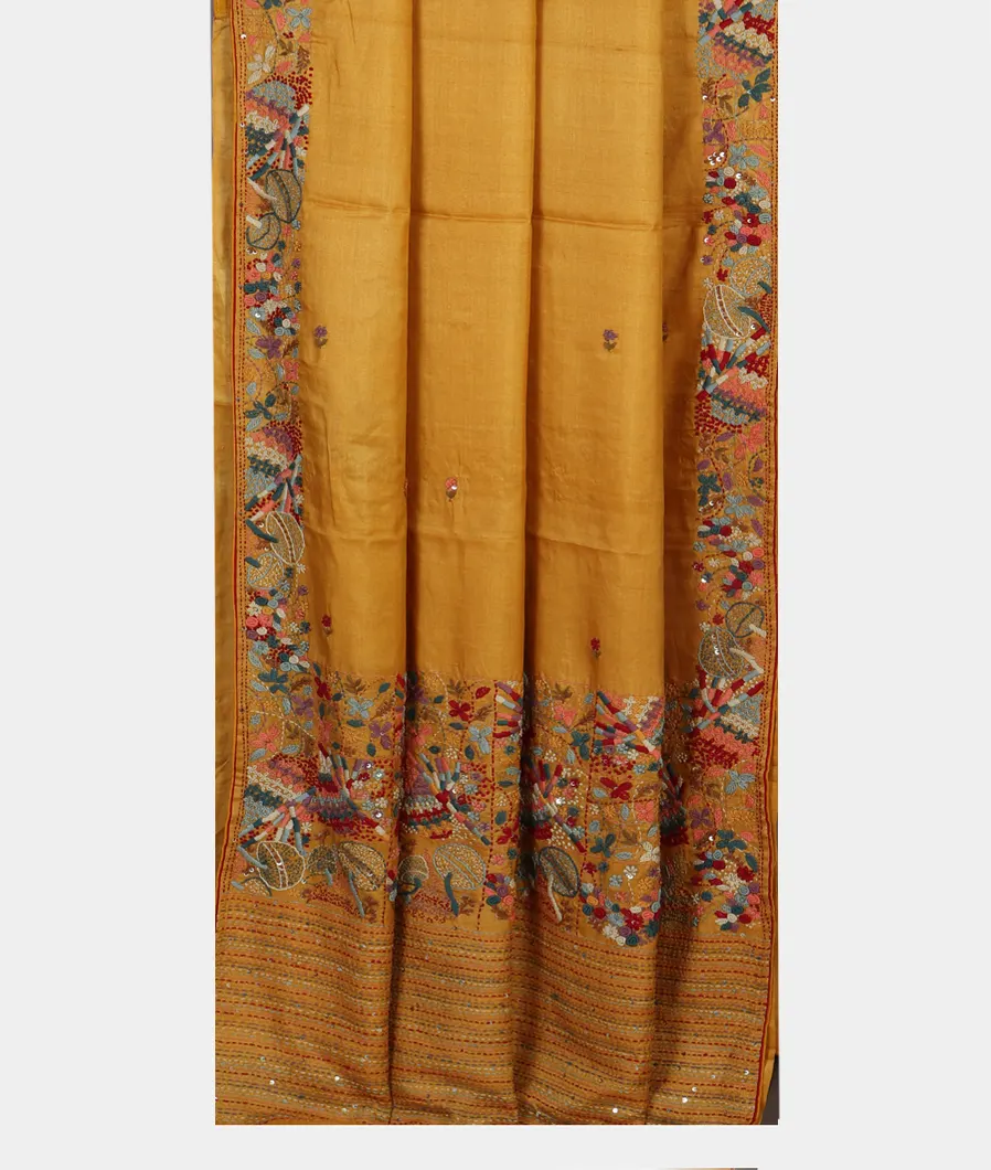 Yellow Tussar Embroidery Saree T4582372