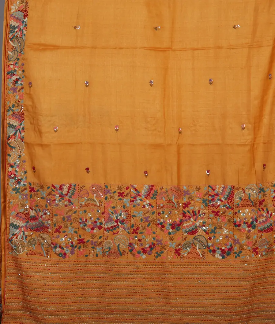 Yellow Tussar Embroidery Saree T4582374