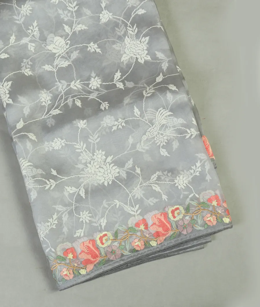 Grey Kora Organza Embroidery Saree T454789-image
