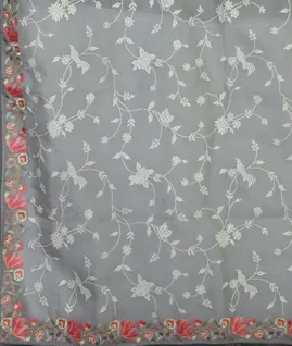 Grey Kora Organza Embroidery Saree T4547894