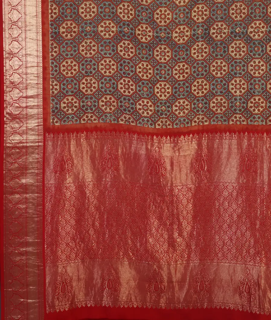 Multicolour Ajrakh Silk Saree T4643134
