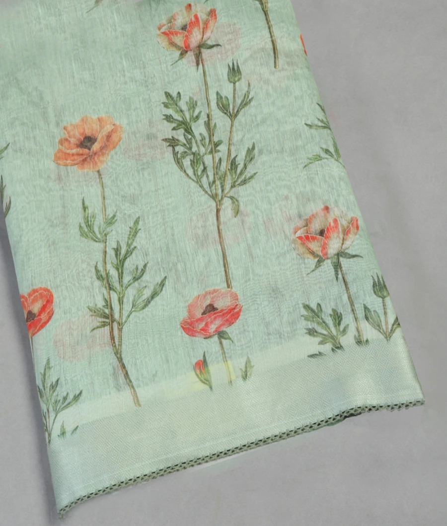 Green Linen Printed Saree T464556-image