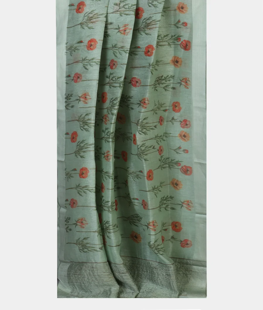 Green Linen Printed Saree T4645562