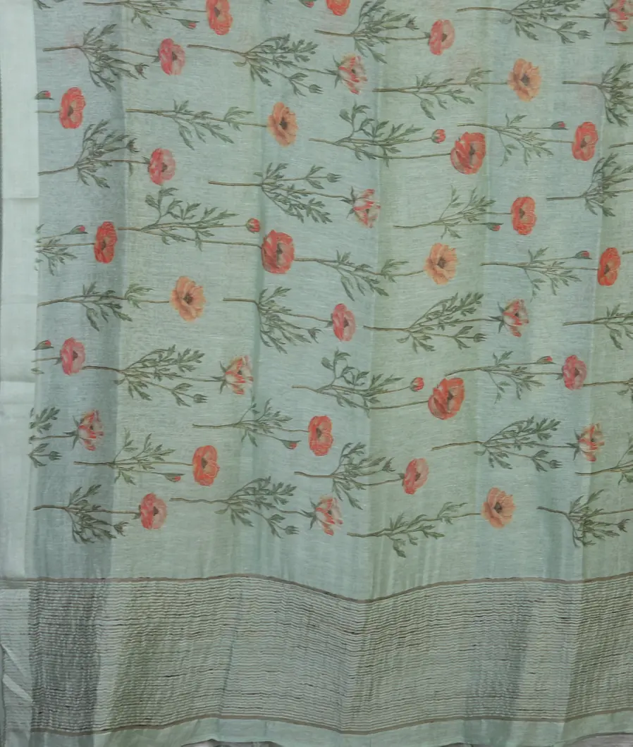 Green Linen Printed Saree T4645564