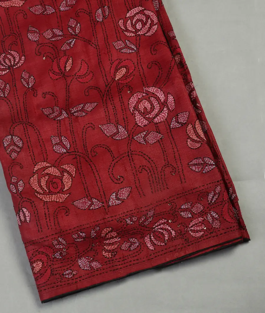 Red Tussar Kantha Work Saree T442925-image