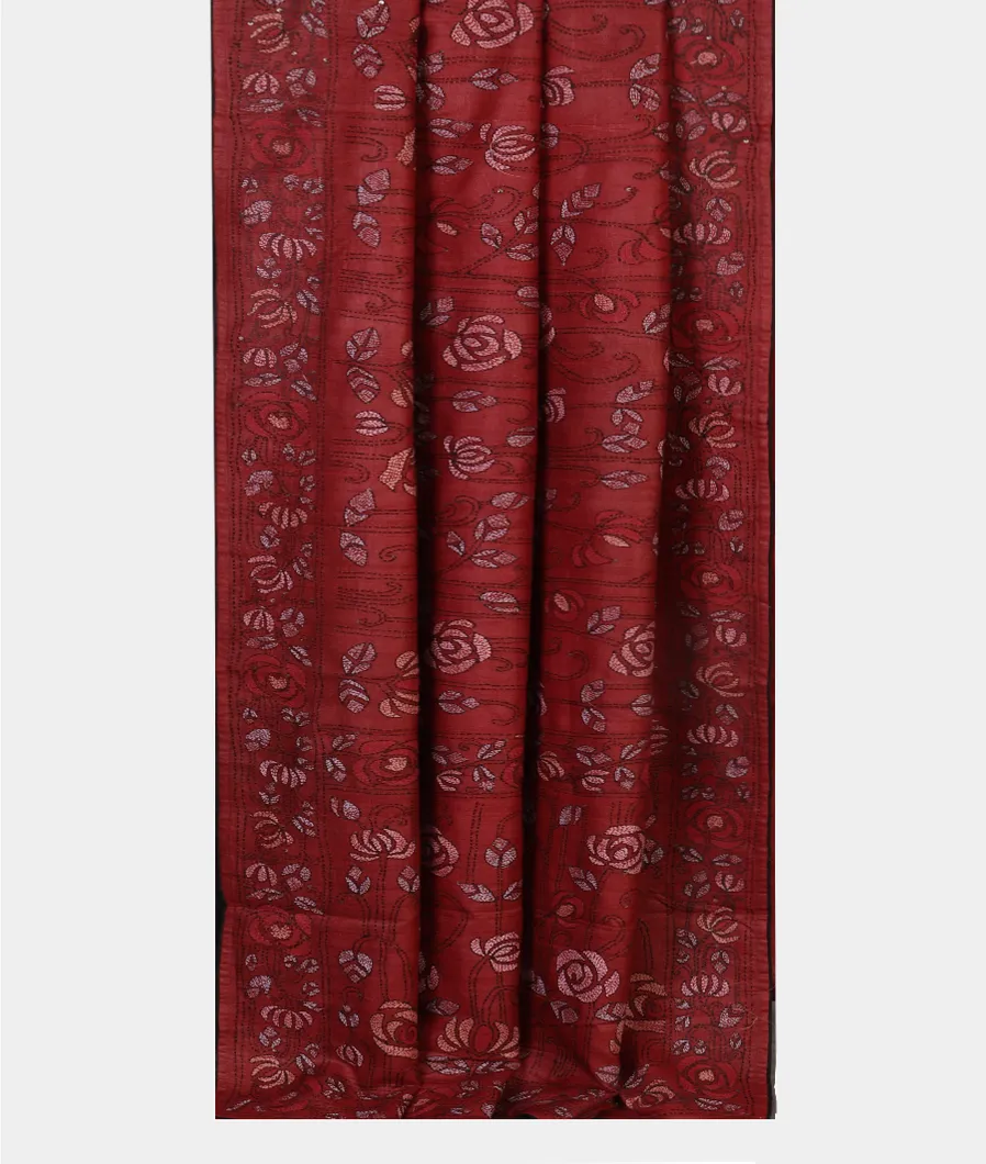 Red Tussar Kantha Work Saree T4429252
