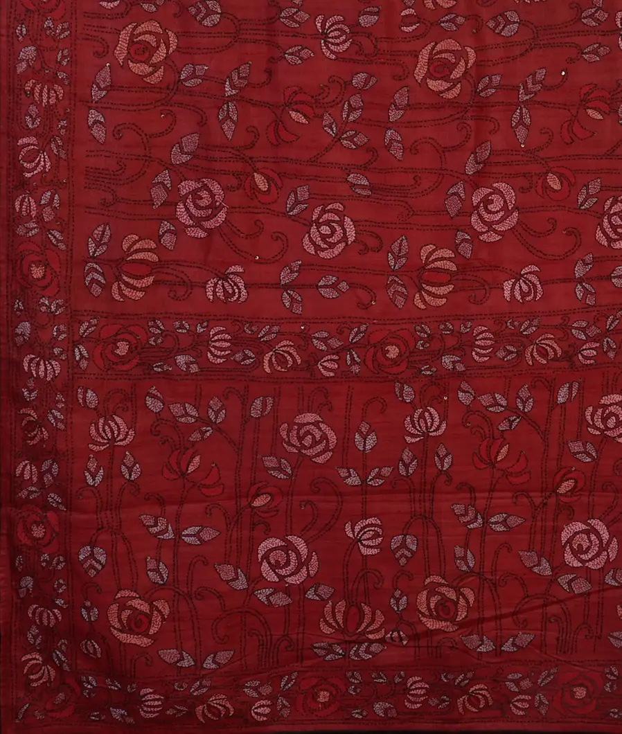 Red Tussar Kantha Work Saree T4429254