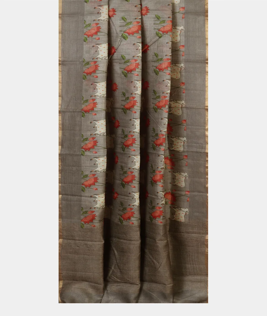 Grey Tussar Printed Saree T4647722