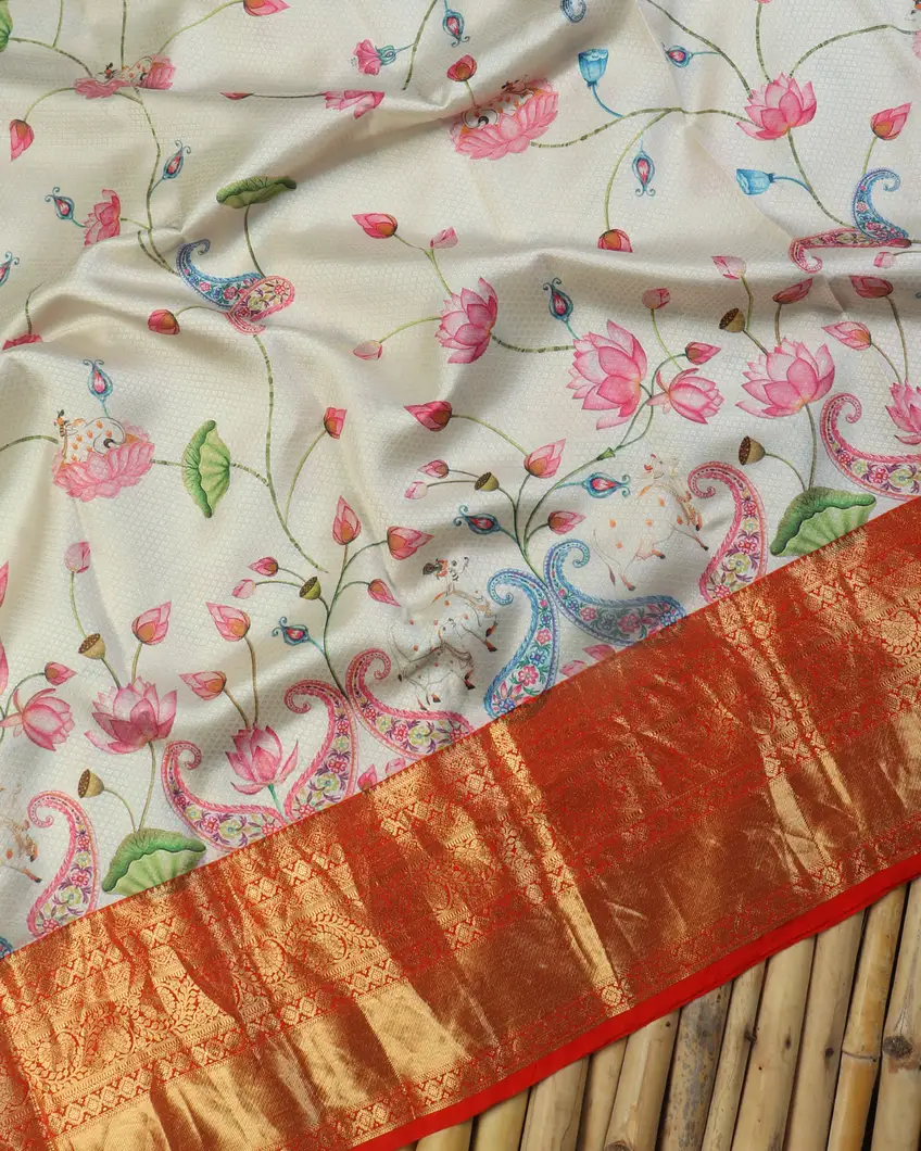 White Printed Soft Silk Saree T4654174