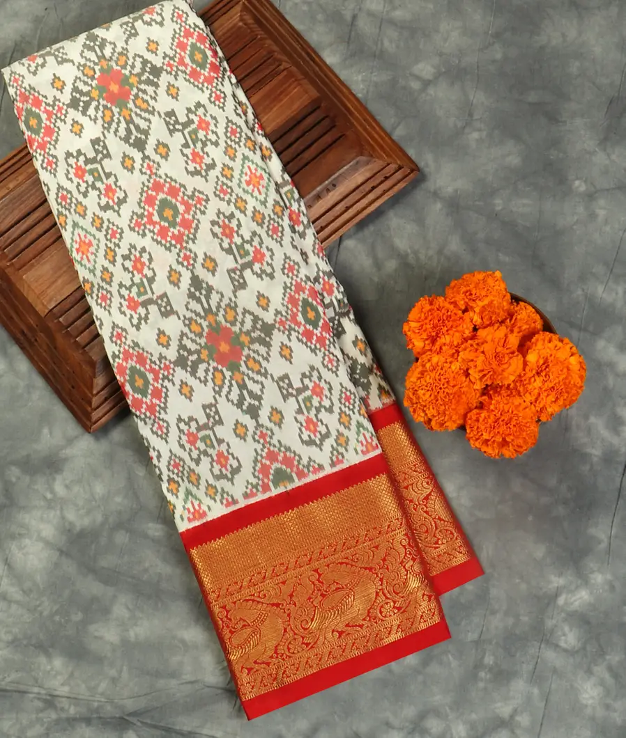 White Ikat Silk Saree T465090-image