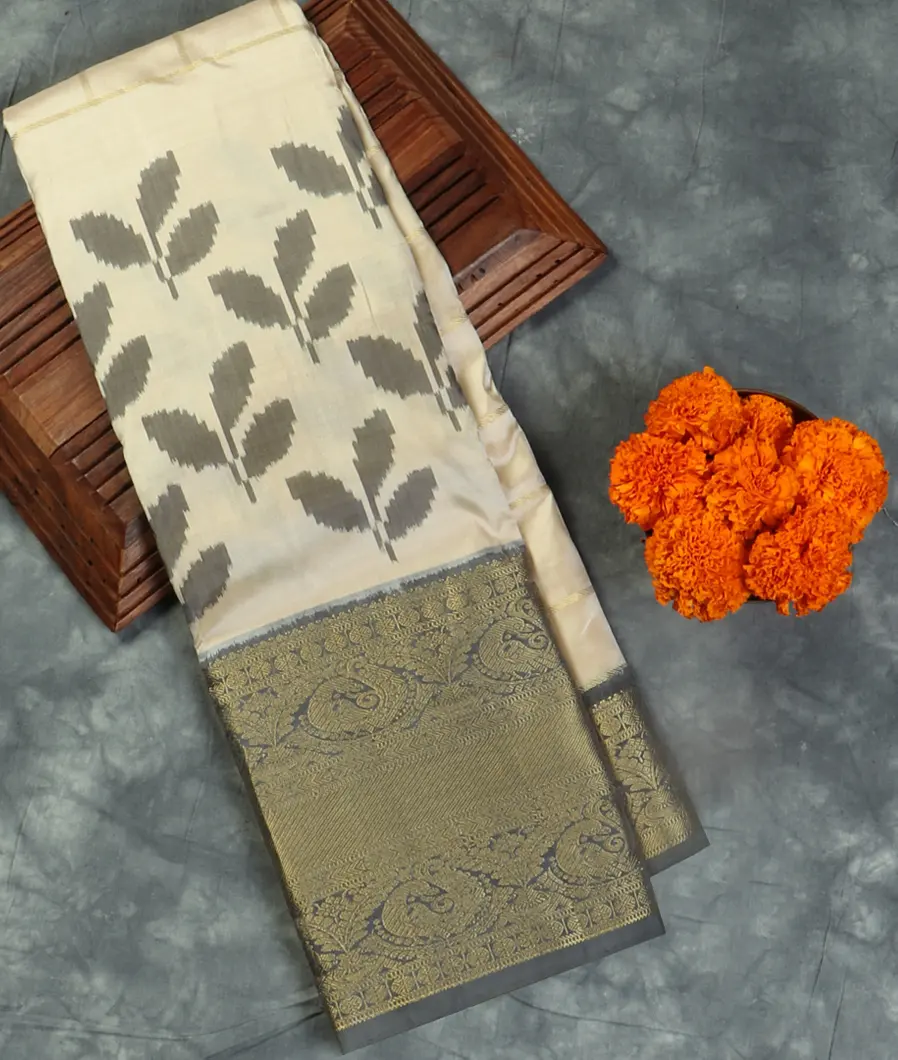 Cream Ikat Silk Saree T464949-image