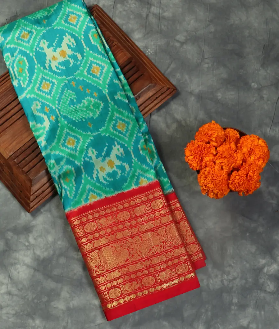 Peacock Blue Ikat Silk Saree T464977-image