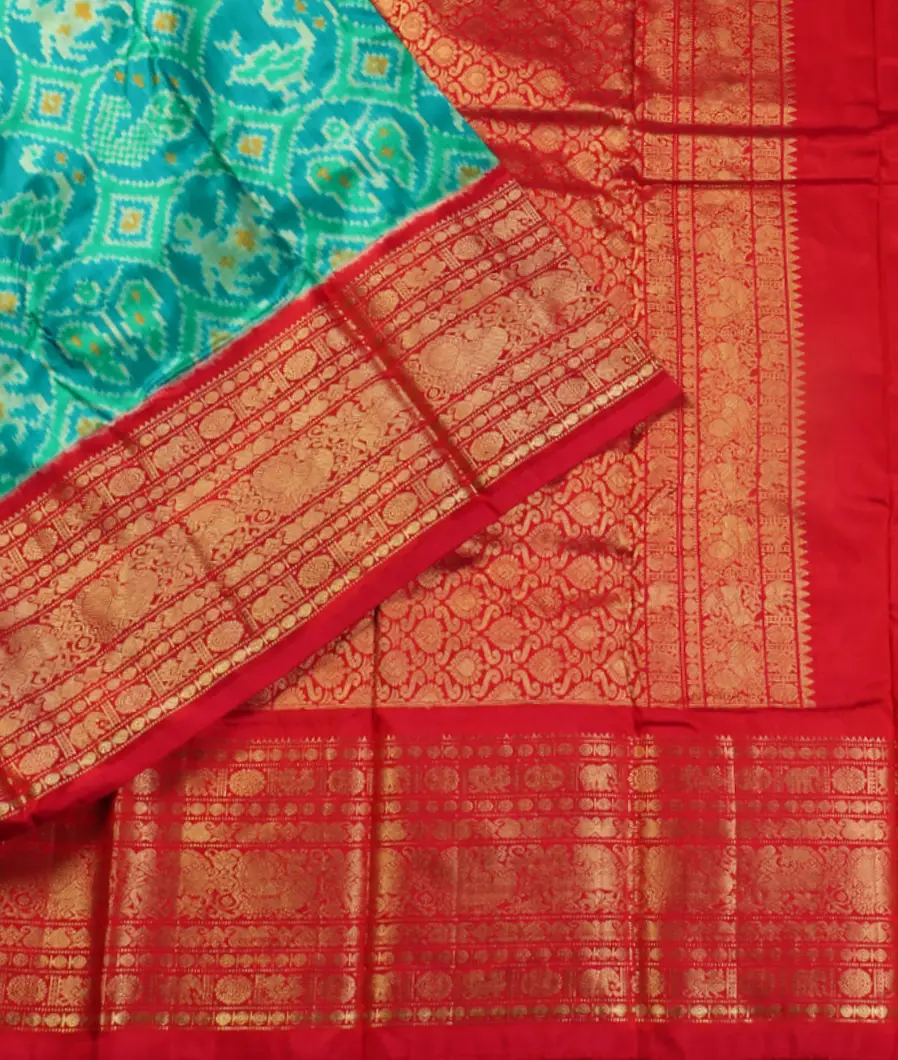 Peacock Blue Ikat Silk Saree T4649772