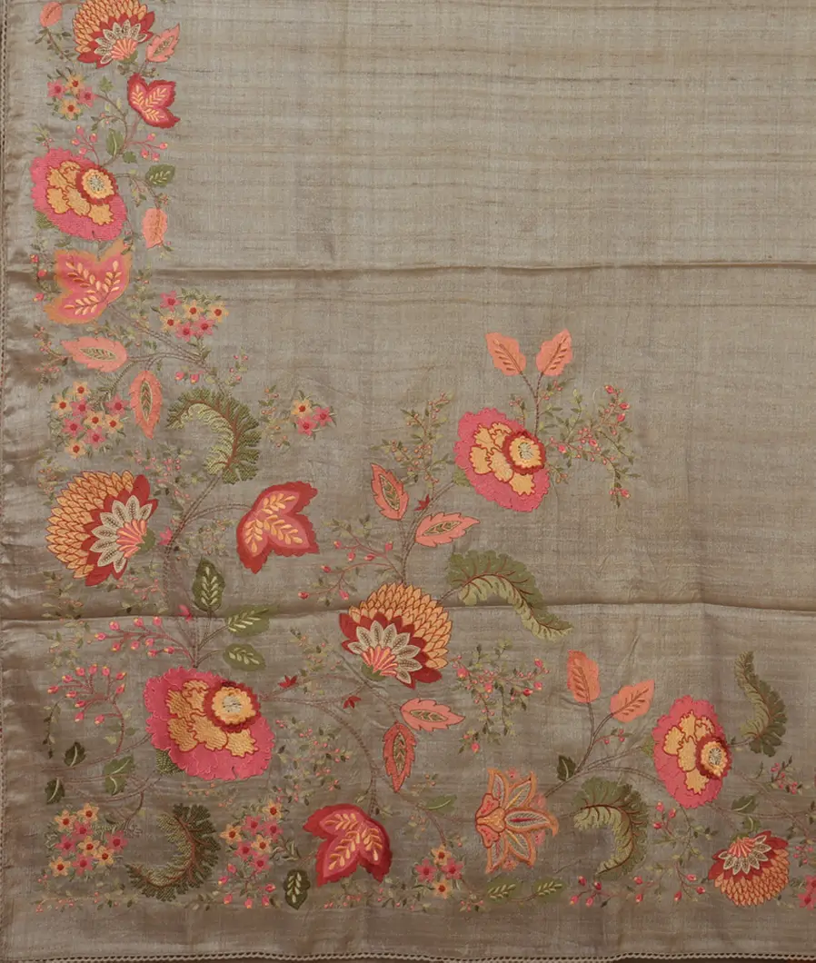 Grey Tussar Embroidery Saree T4604894