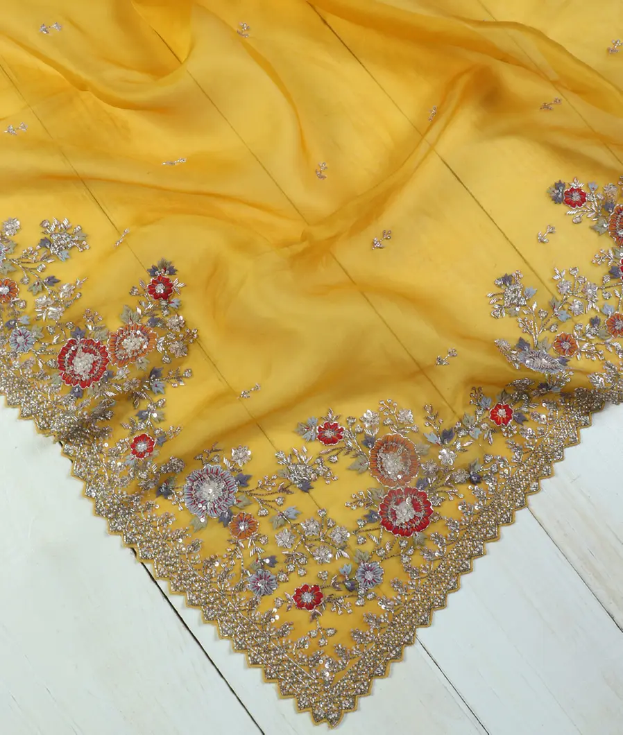 Yellow Kora Organza Hand Embroidery Saree T459486-image