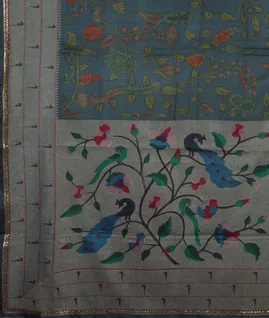 Blue Tussar Printed Saree With Paithani Border And Pallu T4638314
