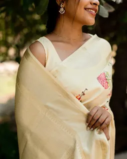 Cream Hand Printed Kanjivaram Silk Saree T4206089