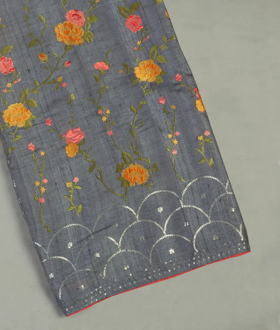 Bluish Grey Tussar Embroidery Saree T399755-image