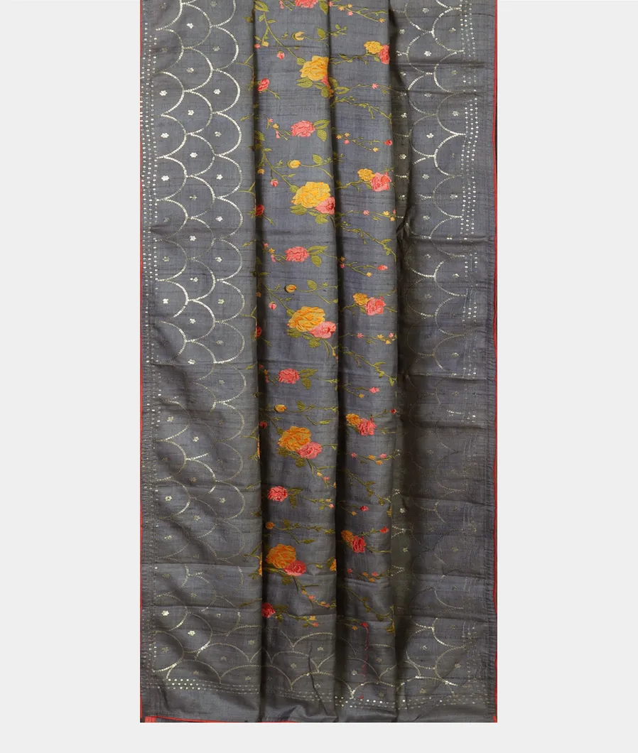 Bluish Grey Tussar Embroidery Saree T3997552