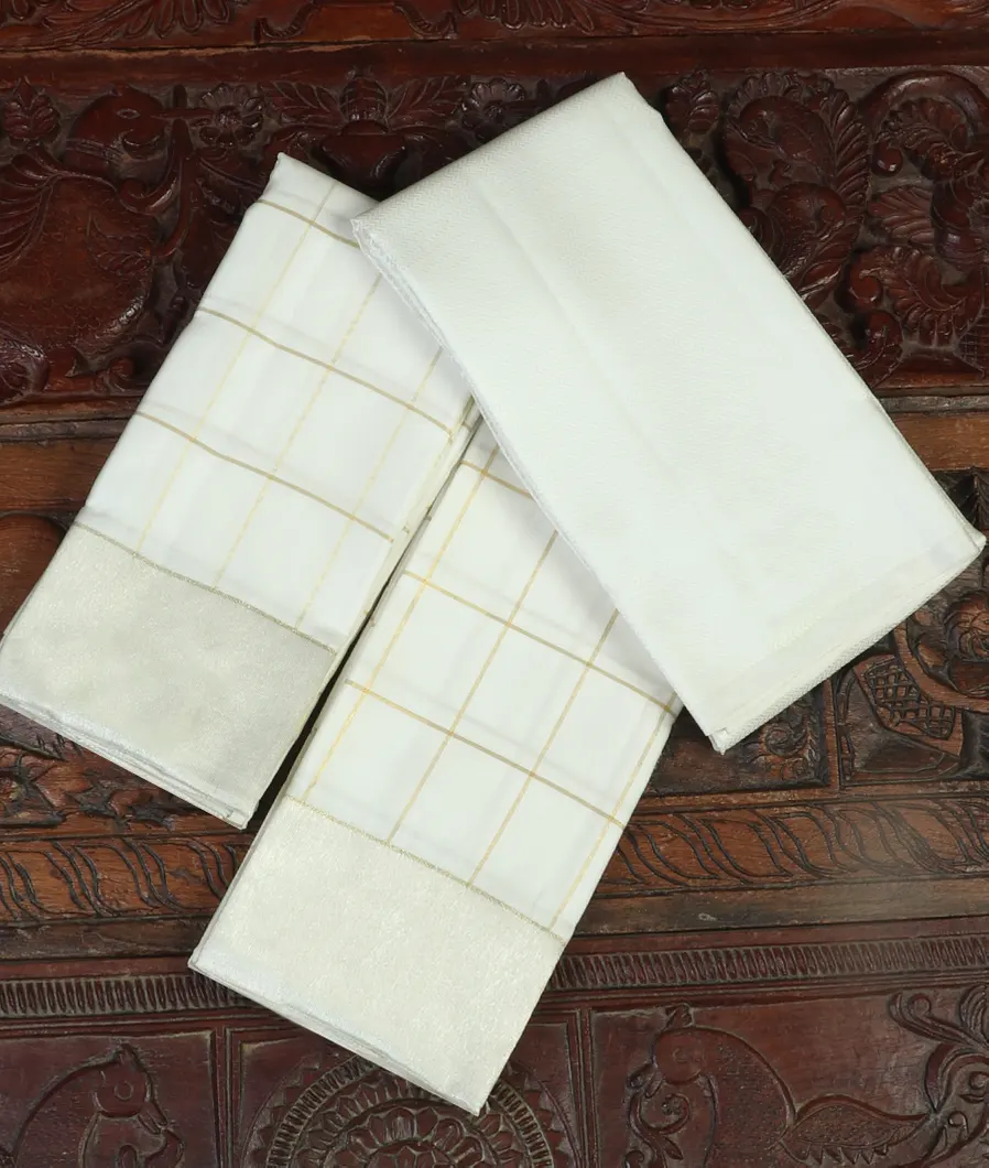White Handwoven Kanjivaram Silk Dhoti and Vastharam with Shirt Material T466323-image
