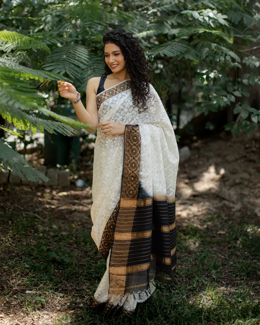 White Silk Kota Embroidery Saree T446550-image