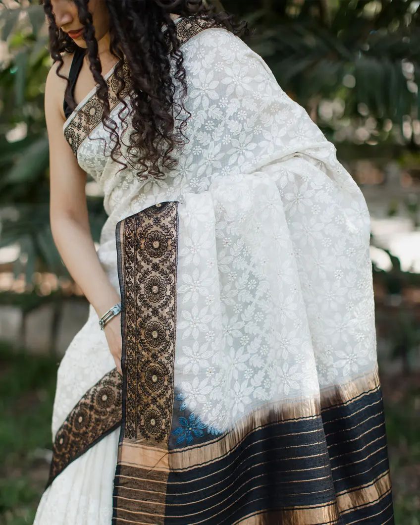 White Silk Kota Embroidery Saree T4465502