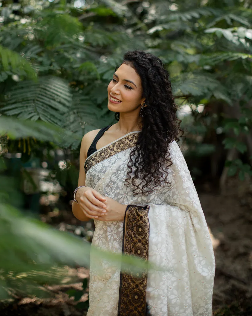 White Silk Kota Embroidery Saree T4465504