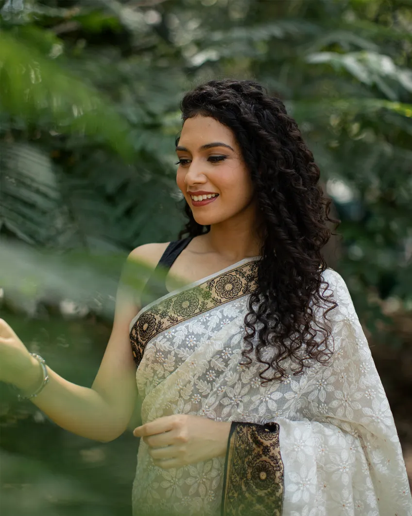 White Silk Kota Embroidery Saree T4465505