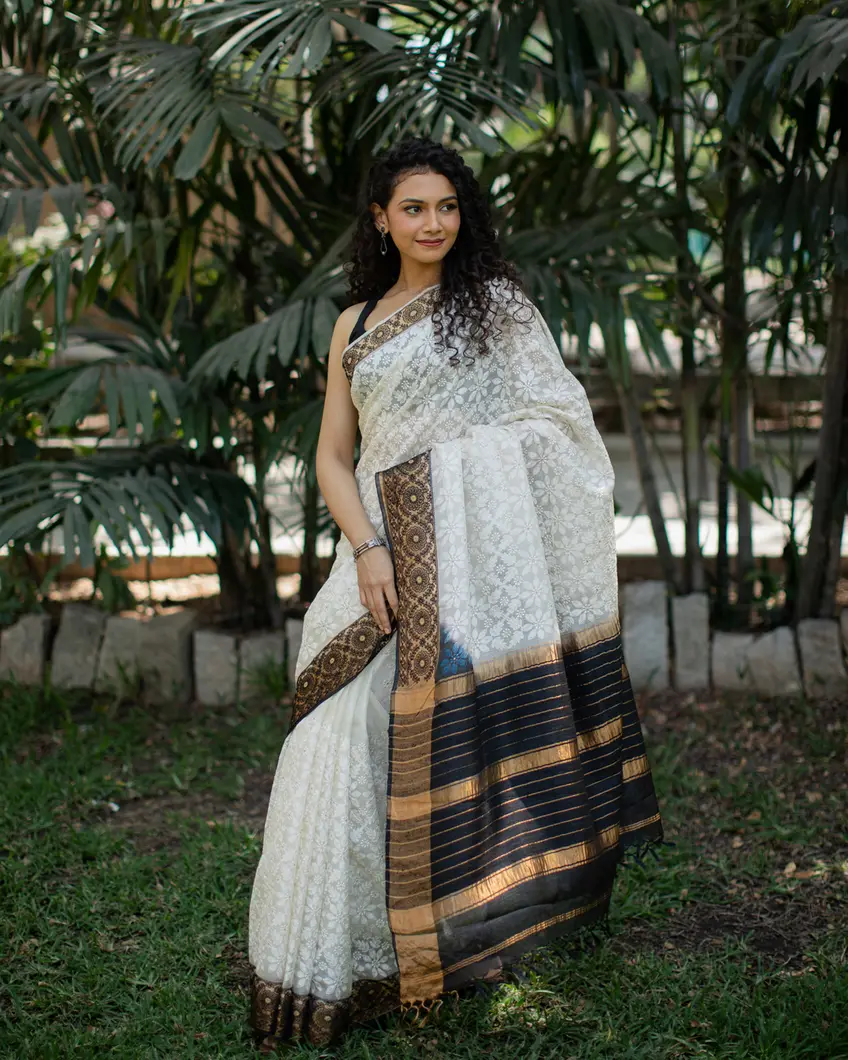 White Silk Kota Embroidery Saree T4465506