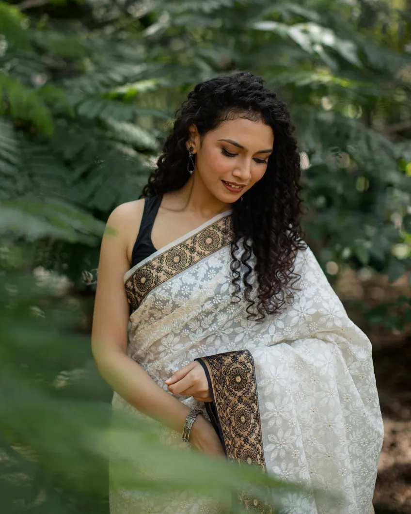 White Silk Kota Embroidery Saree T4465507