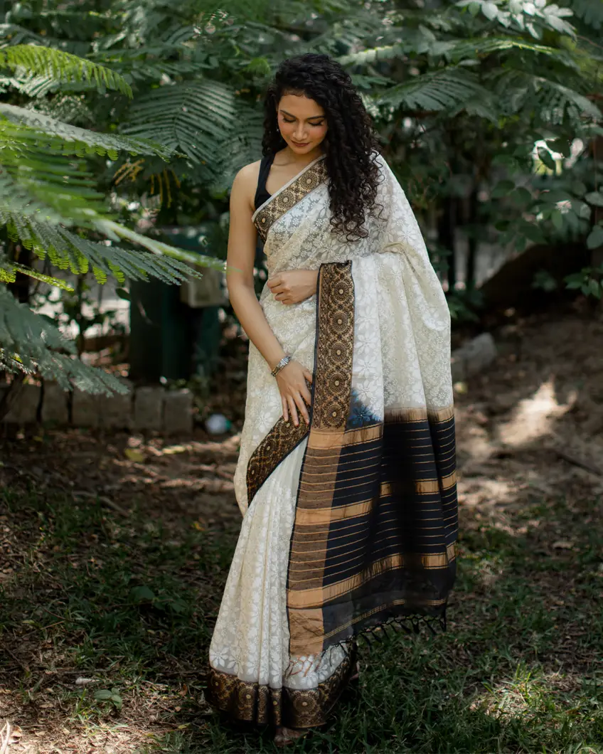 White Silk Kota Embroidery Saree T4465509