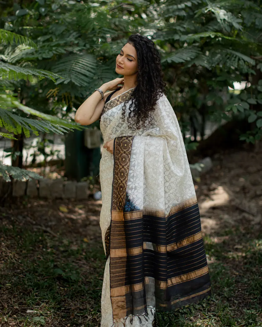 White Silk Kota Embroidery Saree T44655011