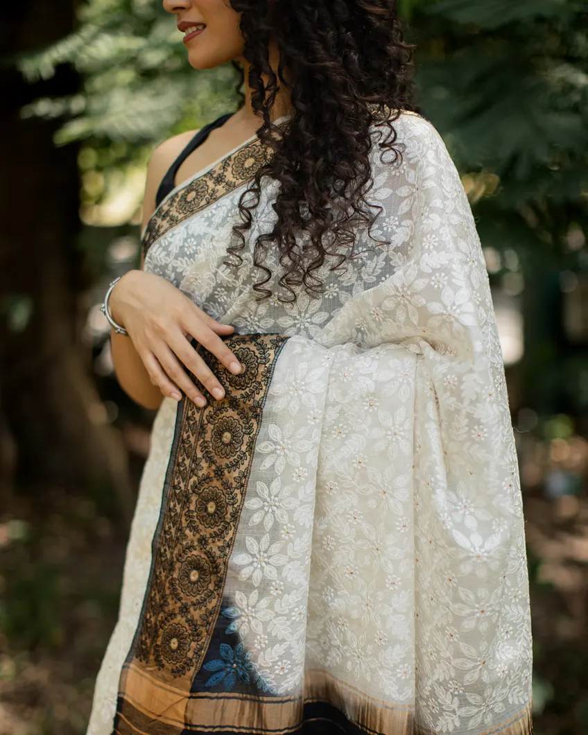 White Silk Kota Embroidery Saree T44655012