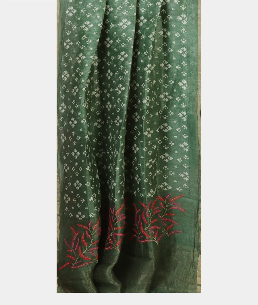 Green Linen Printed Saree T4692832