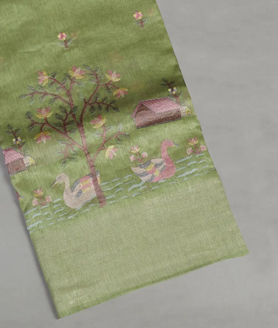 Green Linen Embroidery Saree T468816-image