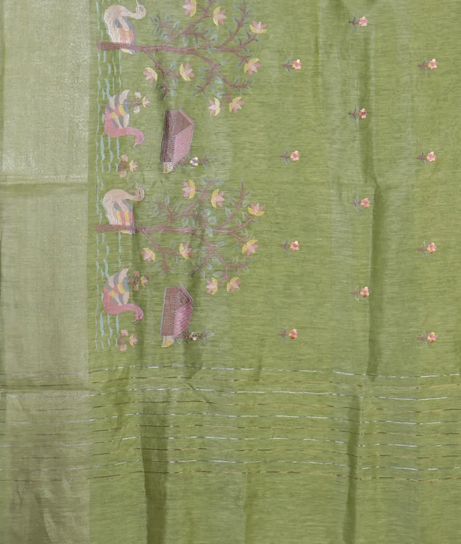 Green Linen Embroidery Saree T4688164