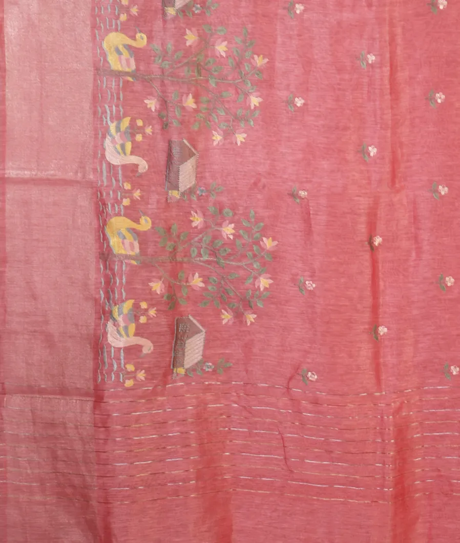 Pink Linen Embroidery Saree T4688184