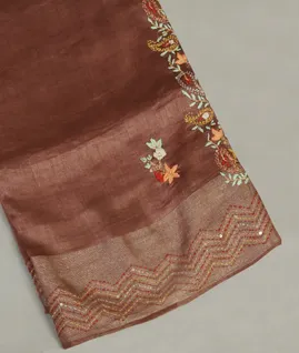 Brown Linen Embroidery Saree T4688331