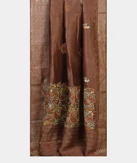 Brown Linen Embroidery Saree T4688332