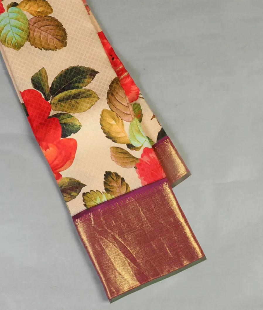 Cream Printed Kanjivaram Silk Saree T405889-image