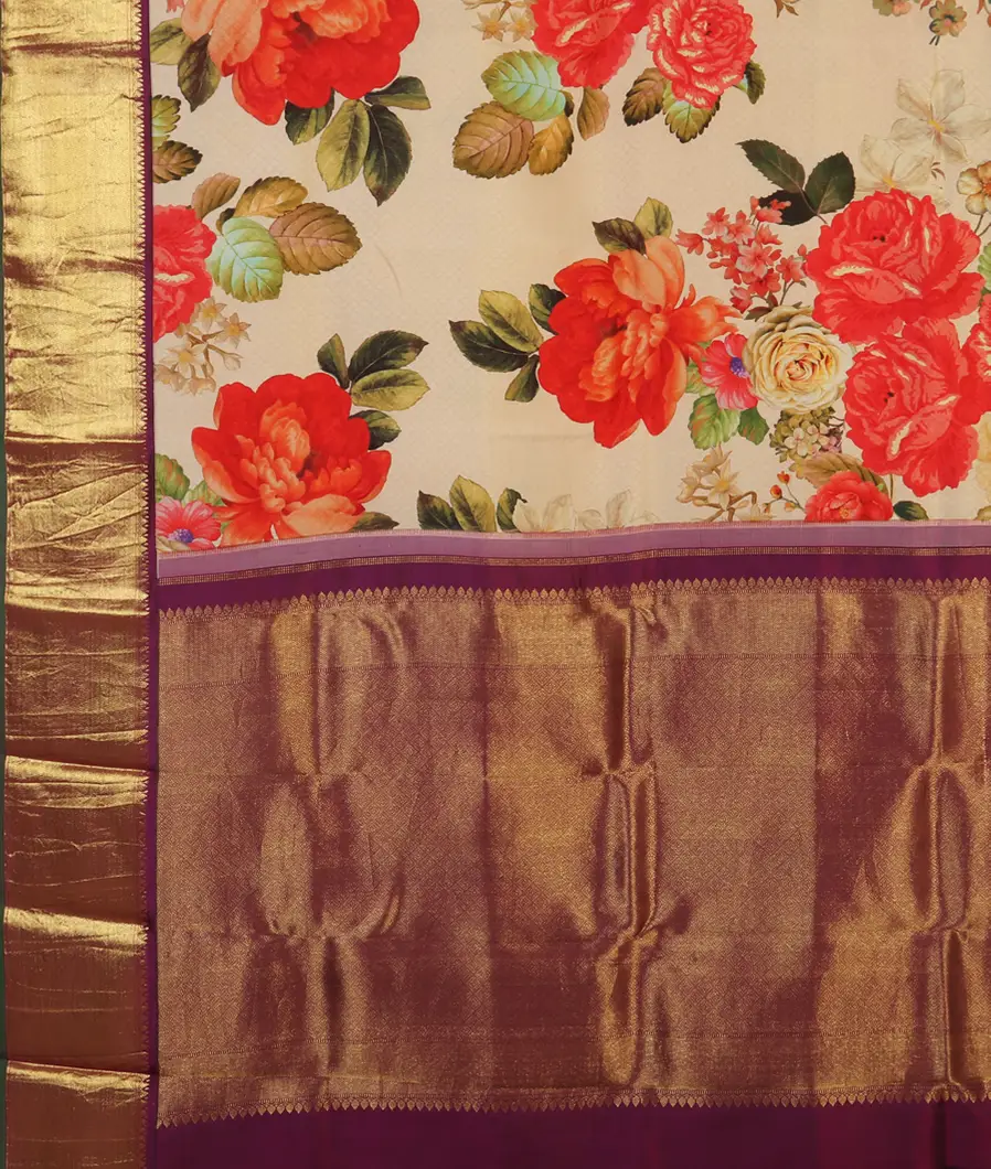 Cream Printed Kanjivaram Silk Saree T4058894