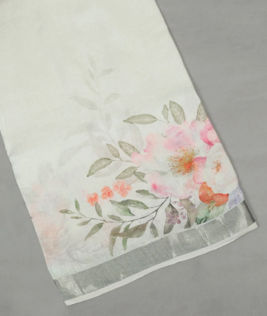 White Linen Printed Saree T451766-image