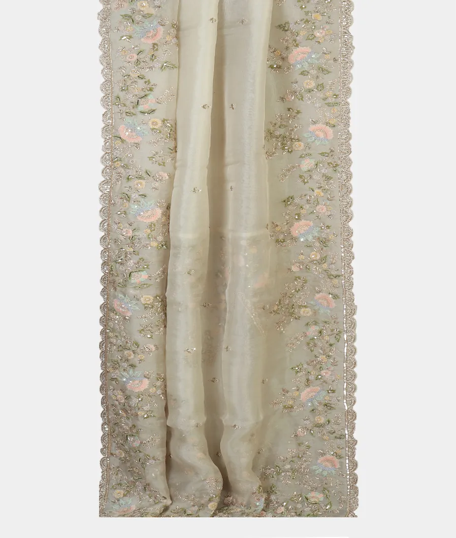 Off - White Kora Organza Embroidery Saree T4594852