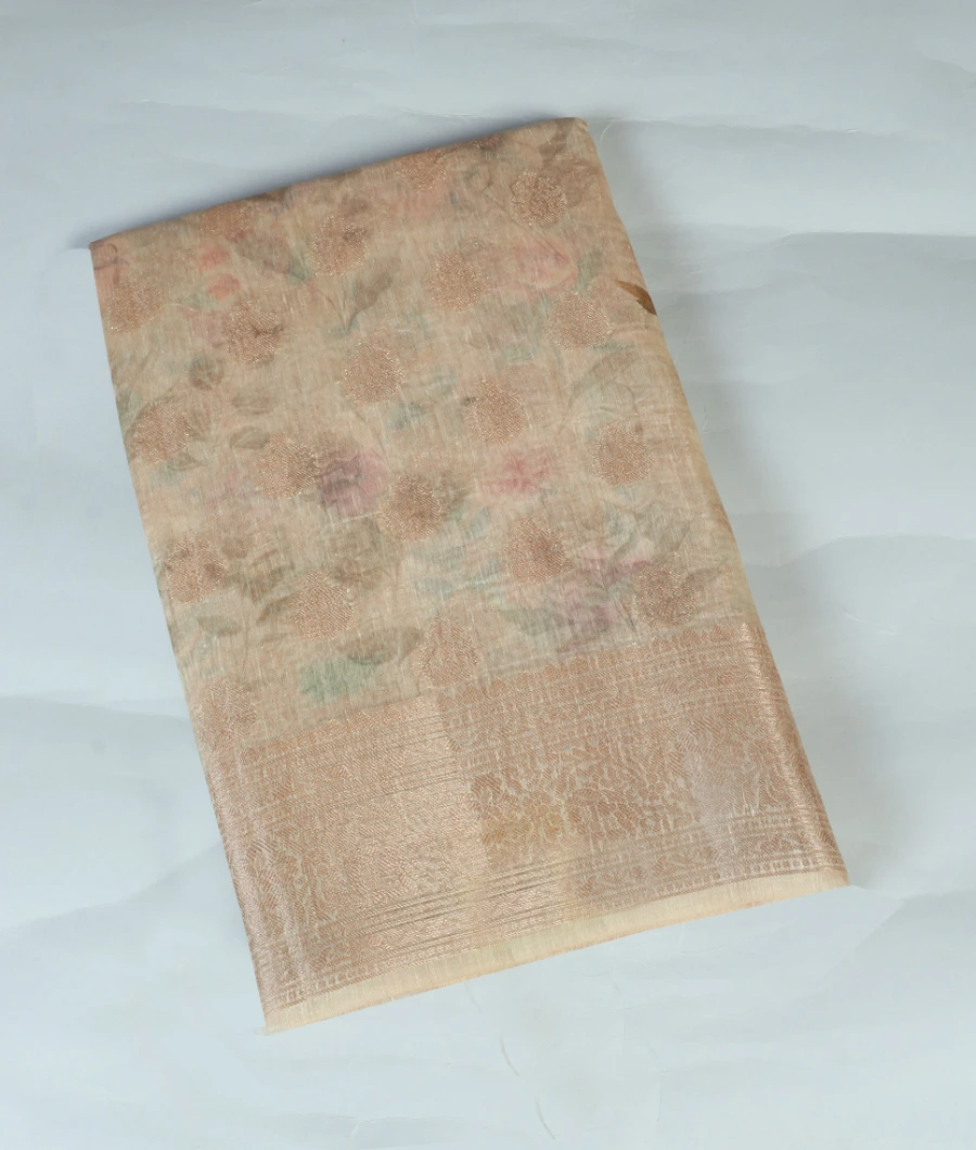 Beige Linen Printed Saree T470606-image
